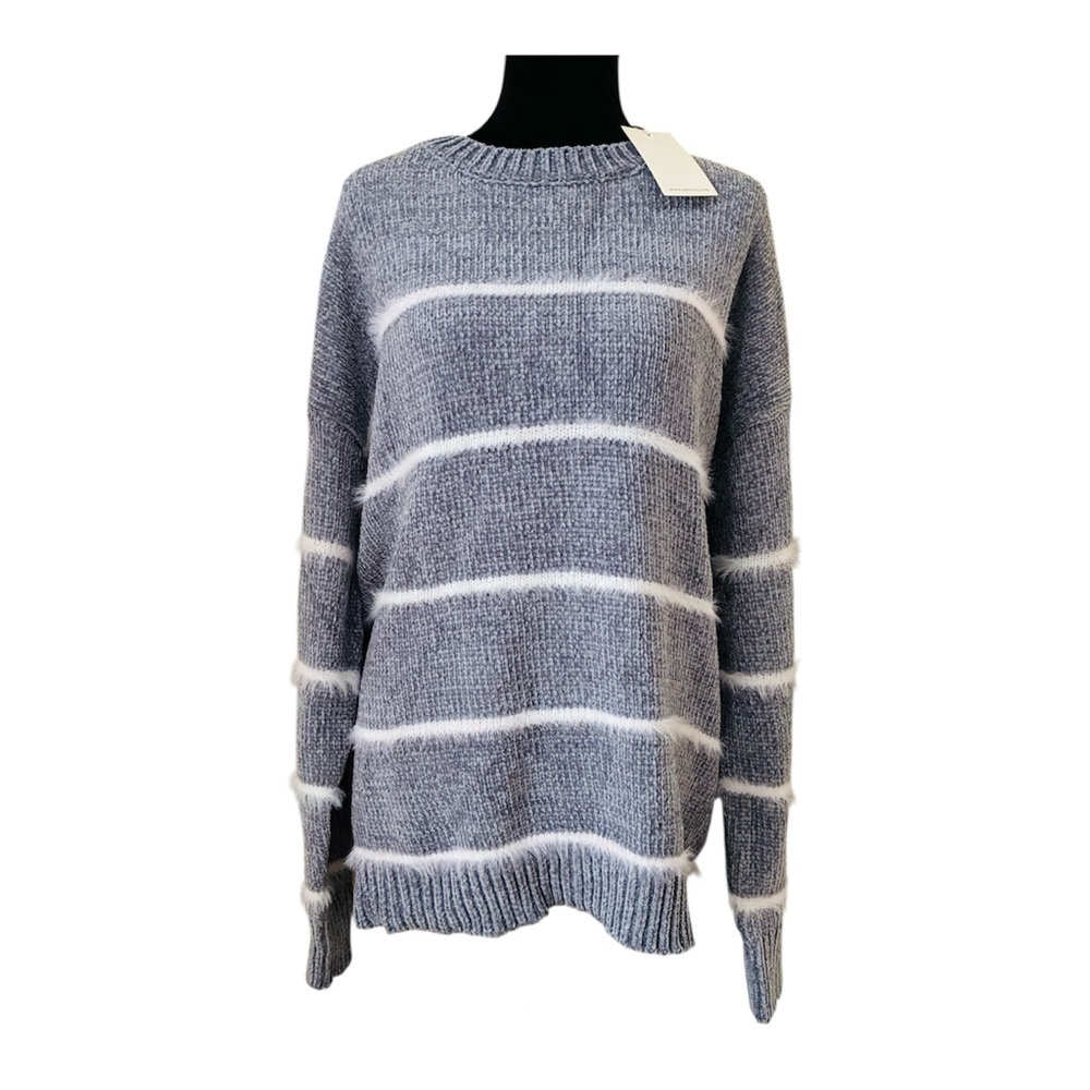 NEW NWT Reborn J Gray White Striped Fuzzy Sweater Chenille Crew Neck Sweater 1X - Picture 4 of 10